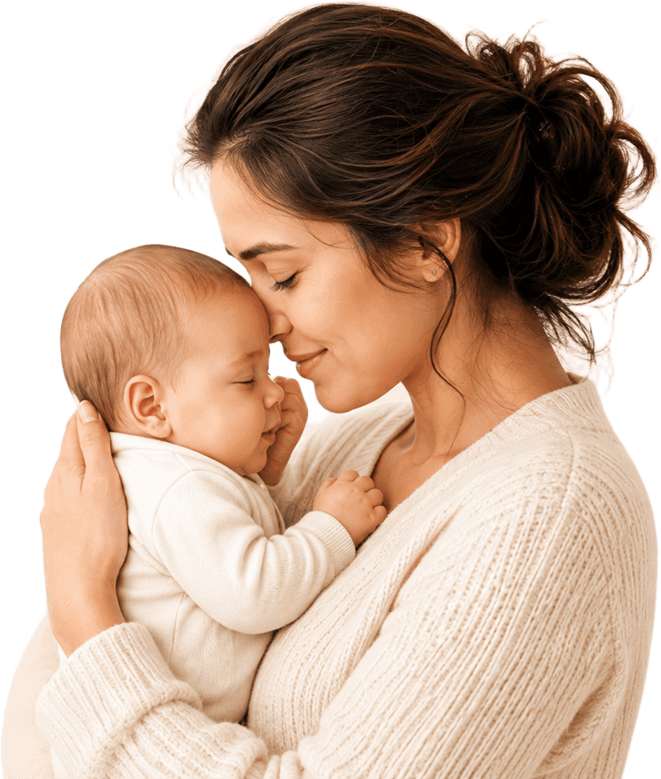 A mother gently holding her baby, cheek to cheek